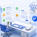 3D review inbox panels with sentiment icons and a reply workflow